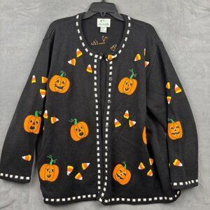 The Quacker Factory Halloween Pumpkin Candy Corn Cardigan Sweater 2X